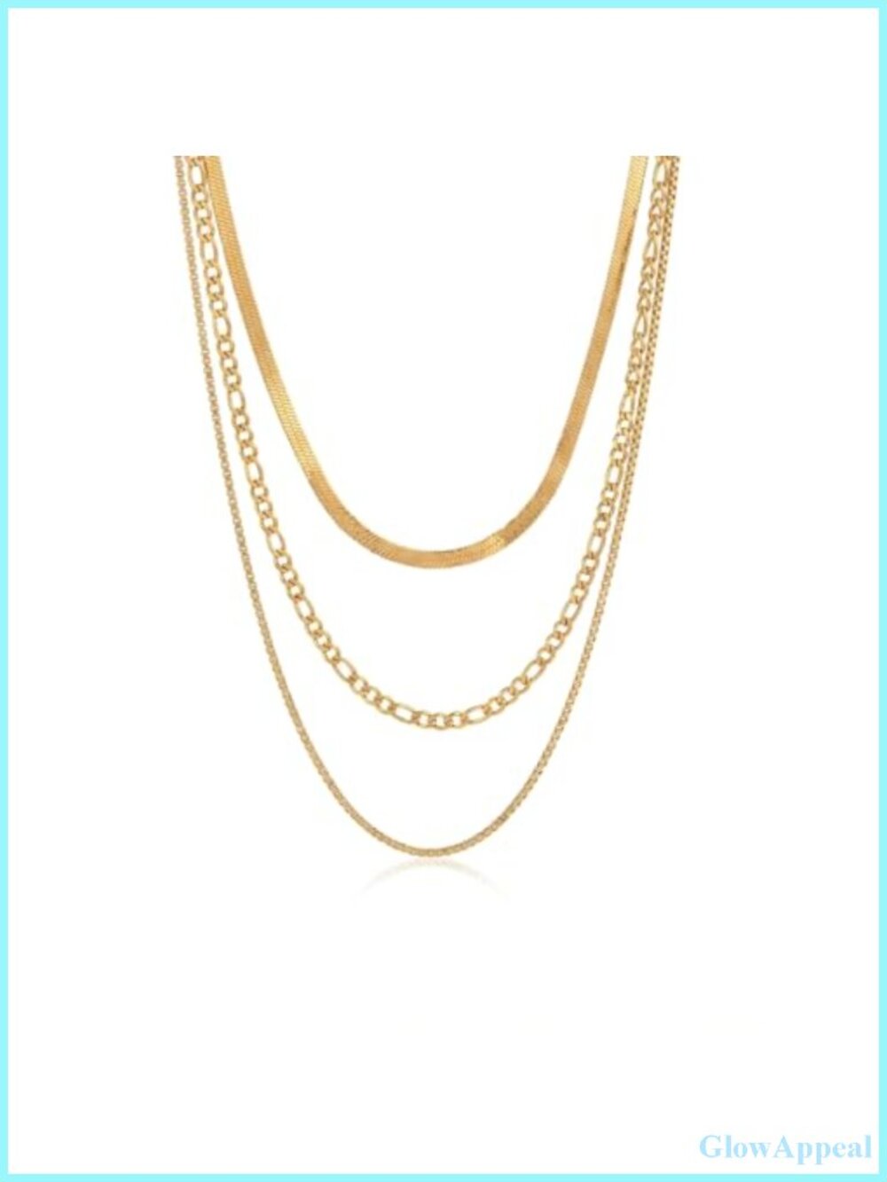 14K Gold Plated Layered Necklace Set 3 Piece Herringbone Figaro Box Chain